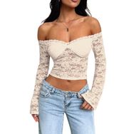 Canli4Y Y2K Slim Top Kayısı Omzu Açık Dantelli Kadın T-shirt