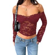 Canli4Y Y2K Slim Top Weinrot Omzu Açık Dantelli Kadın T-shirt