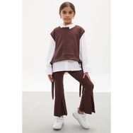 Cansın Mini 18170 Kahve Süveterli Gömlekli Boncuk Detaylı Yırtmaçlı Taytlı Kız Çocuk Takım