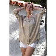 Chiccy Bej Havuz Yaka Düğmeli 3/4 Kol Yıkamalı Casual Müslin Dokuma Bluz 75 70