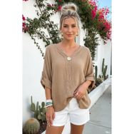 Chiccy Camel Havuz Yaka Düğmeli 3/4 Kol Yıkamalı Casual Müslin Dokuma Bluz 75 70