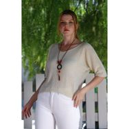 Chiccy Krem V Yaka 3/4 Kol İnce Arkası Uzun Crop Fit Triko Bluz 50 60