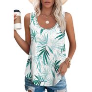 Chicrise Tank Top Bambu Yaprak Deseni Yuvarlak Yaka Delikli Nakış Kadın T-shirt