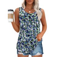 Chicrise Tank Top Mavi Beyaz Çiçek Deseni Yuvarlak Yaka Kolsuz Kadın Tunik