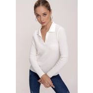 Chuba 22WK203 Ekru Polo Yaka Rahat Kalıp Fitilli İnce Triko Kadın Kazak