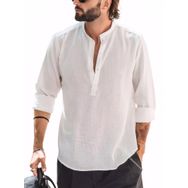 Cicilin Henley Tops Rahat Uzun Kollu Bant Yaka Fit Beyaz Erkek Gömlek