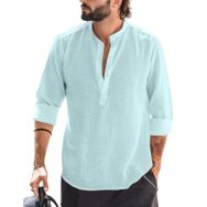 Cicilin Henley Tops Rahat Uzun Kollu Bant Yaka Fit Mavi Light Blue Erkek Gömlek