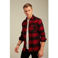 Cool Tarz CPODG001 Kırmızı Erkek Slim Fit Düğmeli Yaka Çift Cepli Oduncu Ekose Gömlek