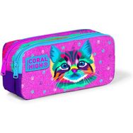 Coral High 12050 Mor Pembe Kedi Desenli İki Bölmeli Kalem Çantası