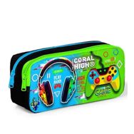 Coral High 12077 Kids Siyah Fosforlu Yeşil Kulaklık Game Desenli İki Bölmeli Kalem Çantası