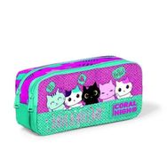 Coral High 22395 Kids Pembe Su Yeşili Kedi Desenli Simli İki Bölmeli Kalem Çantası