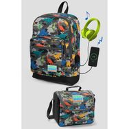Coral High 23286 Kids Gri Kamuflaj Dinazor Desenli Dört Bölmeli USB Şarjlı Kulaklık Çıkışlı 2'li Çanta Seti Okul Çantası
