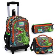 Coral High Gri Yeşil Dinazor Çekçek Okul Çantası Seti - Işıklı Tekerlekler - Erkek Çocuk Okul Çantası