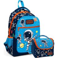 Coral High Lacivert Mavi Astronot Desenli Üç Bölmeli Okul Sırt Çantası ve Beslenme Seti Okul Çantası