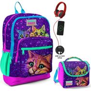 Coral High Mor Kedi USB Soketli Kız Çocuk Okul + Beslenme Çantası Seti