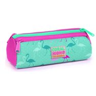 Coral High Su Yeşili Neon Pembe Flamingo Desenli Üç Bölmeli Kalem Çantası Kalemlik