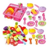 Dede Barbie Oyuncak Bulaşıklık Tabak Tencere Set 22 Parça Kesilebilen Oyuncak Meyve Sebze Seti