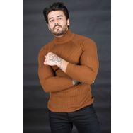 Deepsea 2100015 Kahve Balıkçı Yaka Çizgili Slim Fit Erkek Örme Kazak
