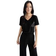 DeFacto Kadın Regular Fit V Yaka Payet Detaylı Kısa Kollu Tişört, Siyah, S T-shirt
