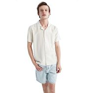 DeFacto Y9085AZ Taş Rengi Regular Fit Apaş Yaka Keten Karışımlı Kısa Kollu Erkek Gömlek