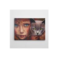 Dekolata Kedi ve Kız Yağlı Boya Reprodüksiyon 60x85 cm Kanvas Tablo