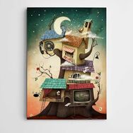 Dekolata Renkli Evler ve Ay Modern Sanat 40x60 cm Kanvas Tablo
