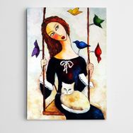 Dekolata Salıncak Kedi ve Kuşlar Modern Sanat 70x100 cm Kanvas Tablo