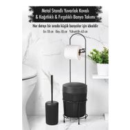 Depa Metal Standlı Yuvarlak Kovalı Kağıtlıklı Fırçalıklı Siyah Banyo Takımı