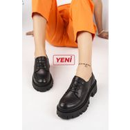 Deripabuc TRC-4003 Hakiki Deri Siyah Kadın Tırtıklı Platform Taban Loafer Ayakkabı