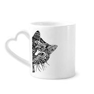 Dıythinker 340 ml Çizgi Çizim Siyah Kedi Kafası Hayvan Seramik Kalp Saplı Kupa