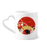 Dıythinker 340 ml Kalp Saplı Katlanır Fan Sakura Geometri Desenli Kahve Seramik Kupa