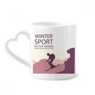 Dıythinker 340 ml Kalp Saplı Kış Sporları Kayak Direkleri Desenli Kahve Seramik Kupa