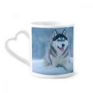 Dıythinker 340 ml Kalp Saplı Köpek Hayvan Kar Husky Resim Kahve Seramik Kupa
