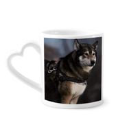 Dıythinker 340 ml Kalp Saplı Köpek Husky Hayvan Yalnız Gece Kahve Seramik Kupa