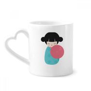 Dıythinker 340 ml Kalp Saplı Mavi Kimono Sakura Japon Oyuncak Bebek Kahve Seramik Kupa