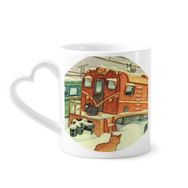 Dıythinker 340 ml Kalp Saplı Miaoji Boyama Kedi Kış Kar Tren Kahve Seramik Kupa