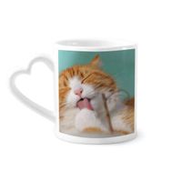 Dıythinker 340 ml Kalp Saplı Sarı Çizgili Kedi Evcil Hayvan Yalama Kahve Kupaları Seramik Kupa