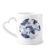 Dıythinker 340 ml Kalp Saplı Sazan Dalgalı Mavi Desenli Japon Kahve Kupaları Seramik Kupa