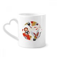 Dıythinker 340 ml Kalp Saplı Vinç Katlanır Fan Sakura Desenli Kahve Kupaları Seramik Kupa
