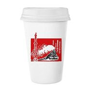Dıythinker 350 ml Çin Tren Kulesi Buharlı Kırmızı Klasik Beyaz Çömlek Seramik Kapaklı Kupa