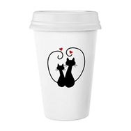Dıythinker 350 ml İki Kedi Figürü Kalp Şekilli Sihouette Protect Animal Pet Lover Klasik Beyaz Çömlek Seramik Kupa