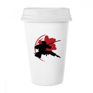 Dıythinker 350 ml Japon Samuray Sakura Silüeti Asya Klasik Beyaz Çömlekçilik Seramik Kupa