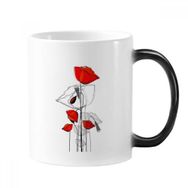 Dıythinker 350 ml Kırmızı Çiçekler Soyut Sanat Çizgisi Resim Mısır Gelincik Değişen Renk Kupa
