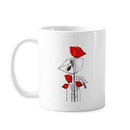 Dıythinker 350 ml Kırmızı Çiçekler Soyut Sanat Çizgisi Resim Mısır Gelincik Klasik Beyaz Çömlek Seramik Saplı Kupa