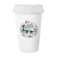 Dıythinker 350 ml Kulaklık Yünlü Şapka Beyaz Kedi Koruyucu Hayvan Evcil Hayvan Sevgili Klasik Beyaz Çömlek Seramik Kupa