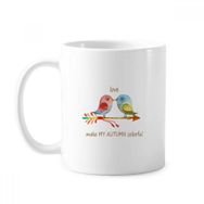 Dıythinker 350 ml Kuşlar Sonbahar Renkli Klasik Beyaz Çömlek Seramik Saplı Kupa