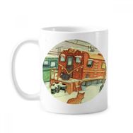 Dıythinker 350 ml Miaoji Boyama Kedi Kış Kar Tren Klasik Beyaz Çömlek Seramik Saplı Kupa