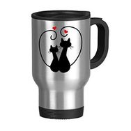 Dıythinker 368 ml İki Kedi Figürü Kalp Şekilli Sihouette Koruyucu Hayvan Hayvan Hayvan Sevgili Paslanmaz Çelik Seyahat Seyahat Tutacaklı Kupa