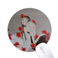 Dıythinker Beauty Kırmızı Çiçek Çin Stili Suluboya Baskılı Yuvarlak Kaymaz Kauçuk Mouse Pad
