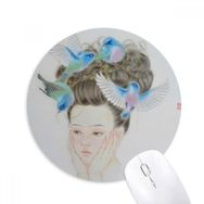 Dıythinker Güzel Kız Mavi Kuş Çin Tablo Baskılı Yuvarlak Kaymaz Kauçuk Mouse Pad